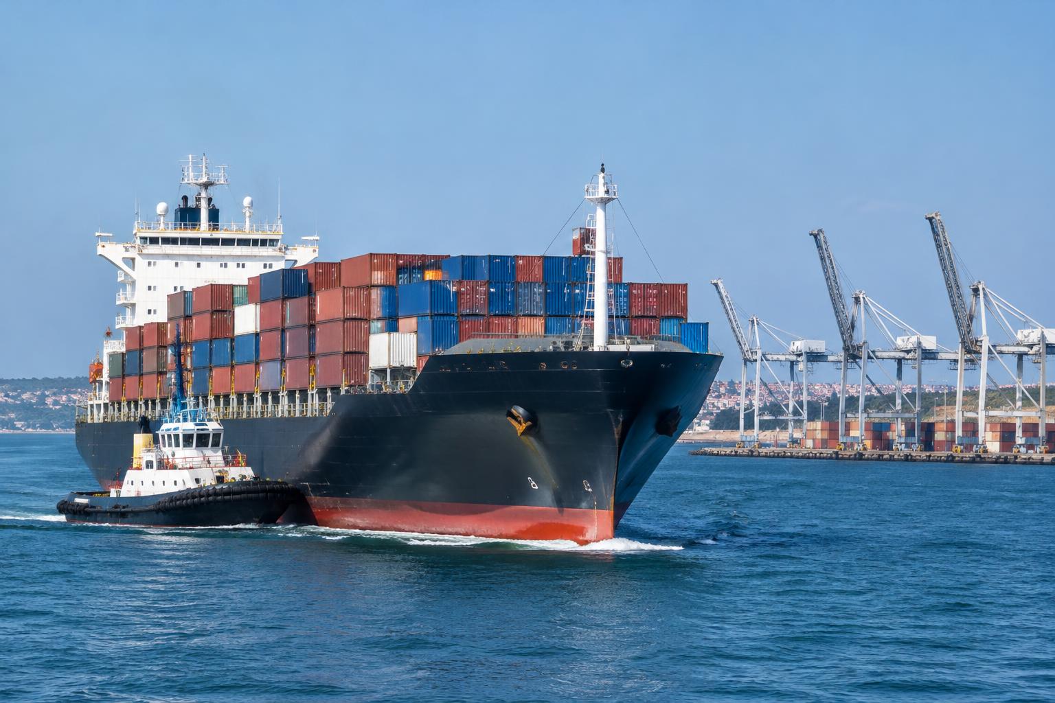 Illustration : navire et remorqueur en approche du port